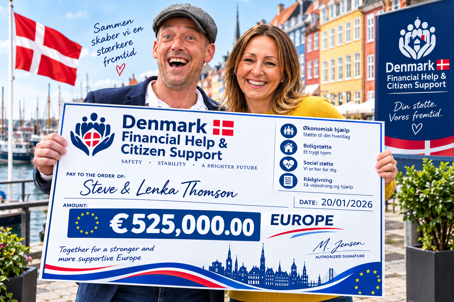 Steve & Lenka Thomson holding a €525,000.00 support presentation cheque